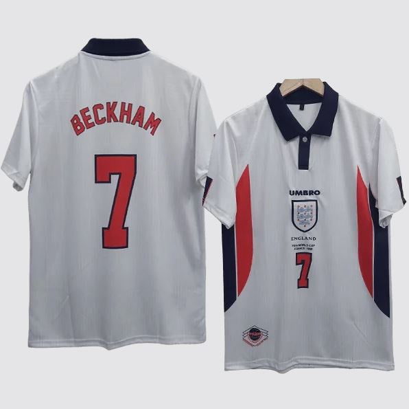 1998 England Home Retro Kit '7 Beckham' on back - WHITE/RED