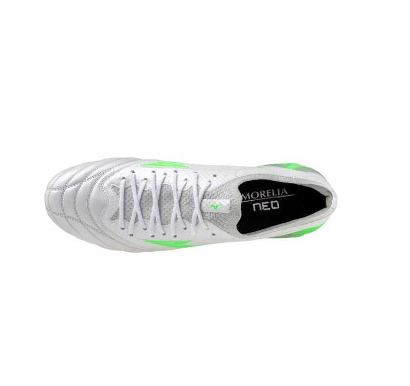 Mizuno Morelia Neo IV Beta  Elite FG Boots- WHITE/GREEN GEKO